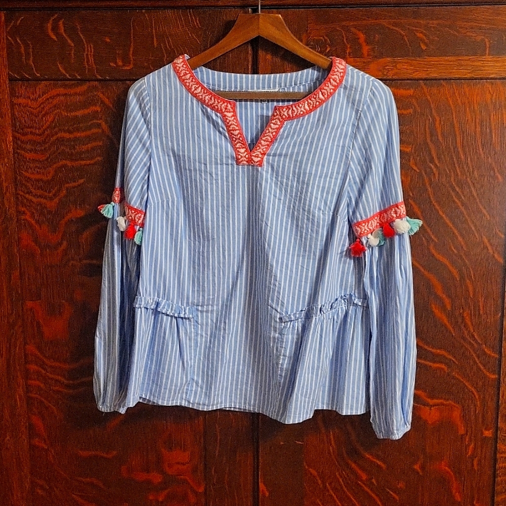 Crown and Ivy Top Size Small Blue Stripes with Tassels